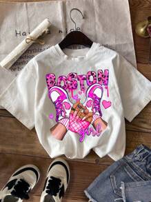 SHEIN Leap Crew 3pcs/Pack Tween Girls Casual Minimalist Cartoon Graphic Multiple T-Shirts, Suitable For Summer Season - Multicolor - View 5