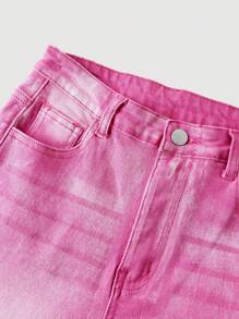 SHEIN Teen Girl Casual Daily Washed Slanted Pocket Flared Jeans - Pink - View 3