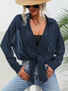 SHEIN LUNE Camisa casual de manga larga, transparente, con botones delanteros de unicolor