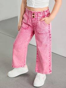 Girl Young Girl New Fuchsia Rose Snow Washed Loose Wide Leg Jeans, Cute Casual Pockets Design Ruffled Waist Front Button Decor, Suitable For Daily Wear, Minimalist & Versatile - Hot Pink - View 4
