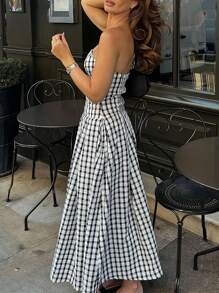 INAWLY 女士格子褶皱休闲抹胸连衣裙