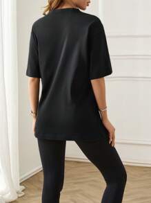 Cloudara Camiseta de hombros caídos con diamante de imitación con patrón de letra - Negro - Ver 2