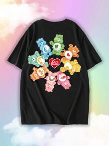 SHEIN X Care Bears 男士卡通熊印花圆领短袖 T 恤，夏季