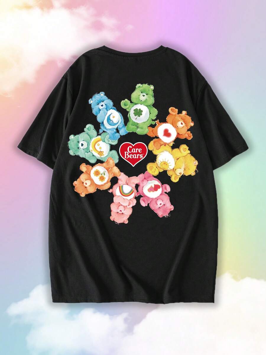 SHEIN X Care Bears 男士卡通熊印花圆领短袖 T 恤，夏季