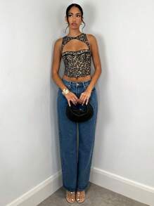 SHEIN BAE 可爱上衣镂空性感豹纹棕色紧身胸衣上衣，万圣节女装，西部风