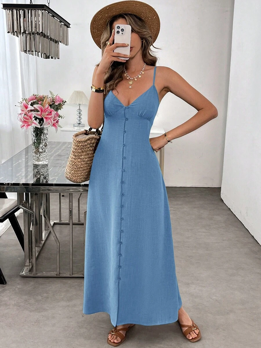 SHEIN LUNE Đầm màu xanh lá cây nhạt, chất liệu giống vải lanh, thân thiện với da, thích hợp cho kỳ nghỉ hè của nữ, kiểu dáng thường ngày. - Màu xanh lam - Xem 1