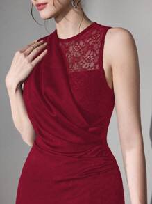 Poshira 女士优雅混合材质蕾丝拼接腰部正式晚礼服、派对礼服，适合婚礼宾客 - 酒紅色 - 查看 7