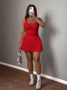 Slaydiva New Spring And Summer Casual Simple Basic U-Neck Racer Vest With Black Label And White Words Pleated Skirt Including Shorts And Culottes White Knitted Fabric Women's Mini Dress-A,Summer Dresses For Women - Red - View 4