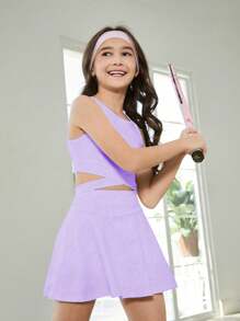 SHEIN Tween 女童白色纯色休闲舒适百搭服装，时尚学院风适合春夏季运动、跑步、户外活动，优雅高腰设计凸显身材，适合青春期前儿童 - 紫色 - 查看 4
