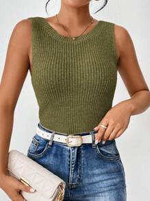 SHEIN Frenchy 女士纯色扭纹后背休闲百搭针织背心 - 軍綠色 - 查看 5