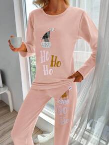 SHEIN Cottnline 女士睡衣套装，长袖圆领上衣和裤子 - 粉色 - 查看 3