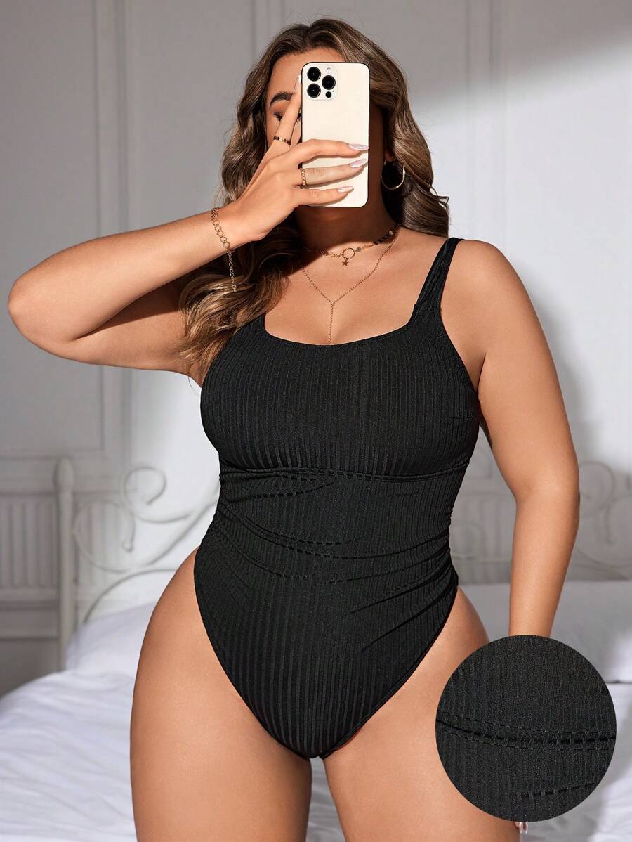Swim Vcay Traje de baño de una sola pieza de punto acanalado de talla grande para verano - Negro - Ver 1