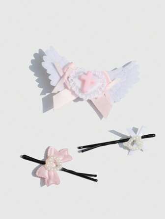 Set de 3 pinzas para el cabello con diseño de moño alado en cruz, accesorios para el cabello de estilo kawaii anime "soft girl", color rosa