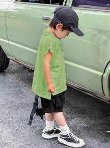 SHEIN 2pcs Young Boy Casual Wide Strap Turn-Down Collar Polo Shirt And Work Shorts, Comfortable And Versatile For Spring And Summer, Suitable For Daily Wear, School And Outdoor Play Ootd Kids Boyboy Clothes Summer