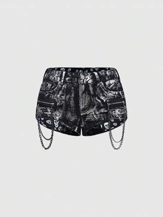 ROMWE Avant Damen Y2K Vintage Subkultur Straßen-Mode Silber Folien Ketten Tiefes Bund Super kurze Jeans Shorts