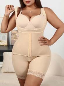 SHEIN Plus Size Minimalist Lace Patchwork Romper - Apricot - View 5