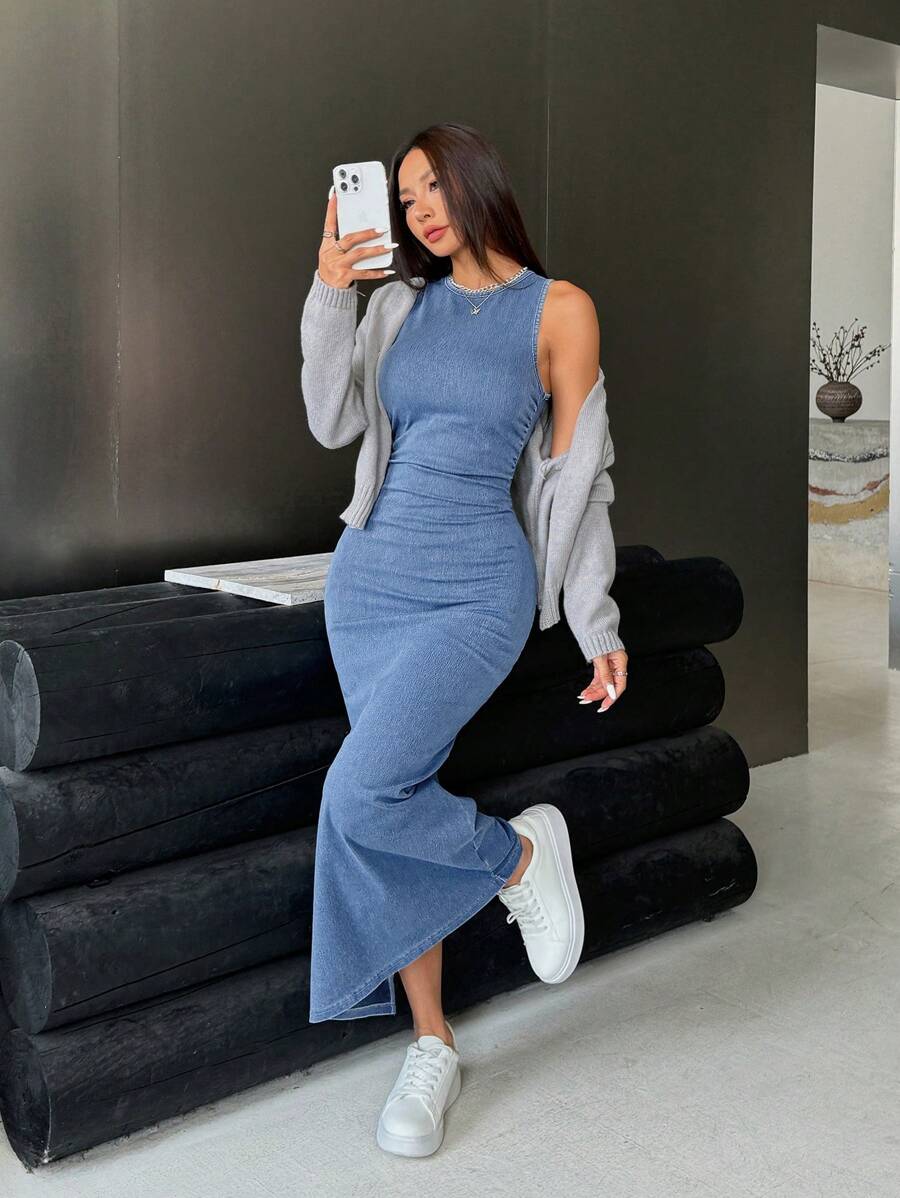 SHEIN ICON 女士无袖长款牛仔紧身连衣裙，蓝色 - 淺色水洗藍 - 查看 1