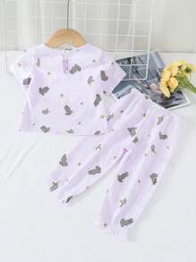 2pcs Baby Girls Rabbit & Star Pattern Button Shirt And Casual Pants Set, Homewear - Purple - View 2