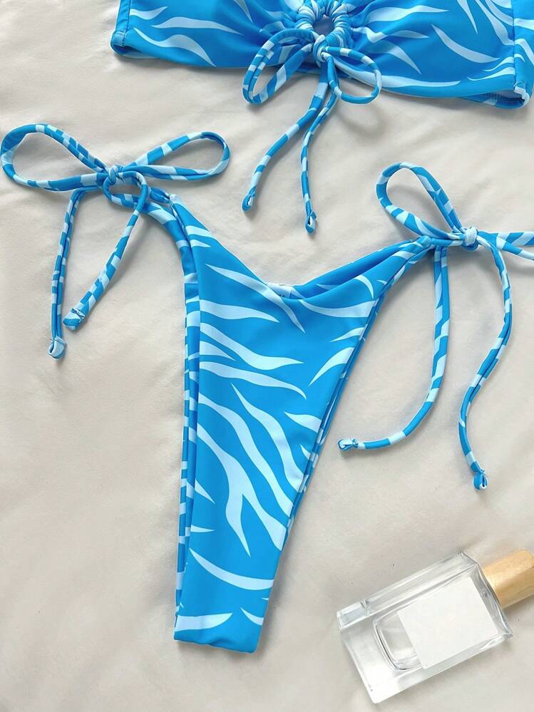 Swim Vcay 2pcs Women's Vacation Beach Party Blue Twist Bandeau Bikini Swimsuit Set, Spring/Summer - Blue - View 4