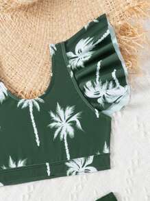 1pc Young Girl Green Bottom Coconut Tree Ruffle Split Bikini Set, Family Matching Outfits Mommy And Me (4 Sets Sold Separately) - Multicolor - View 5