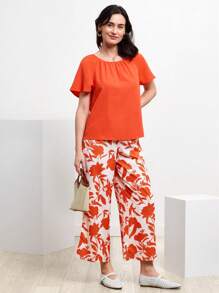 Miaspire Solid Blouse & Slant Pocket Plants Print Trousers - Multicolor - View 6