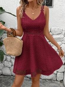 SHEIN Frenchy 女式纯色蕾丝拼接夏季无袖连衣裙 - 酒紅色 - 查看 6