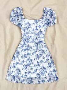 SHEIN Teen Girls Spring& Summer/Valentine Day/Dreamara Blue & White Floraldress/Vacation/Holiday/Vintage//Beach/Sea/Elegant/Dresses For Girl/Bohemia/Boho Clothing/Sun Dresses For Girls Holiday Outfits - Blue and White - View 2