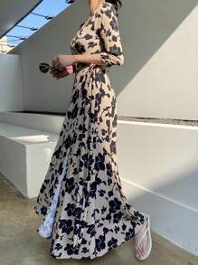 DAZY V领优雅碎花连衣裙，女士优雅吊带长裙 - 米色 - 查看 6