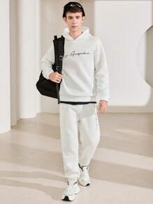 SHEIN Leap Crew 2 件青少年男童休闲百搭保暖手写字母印花针织连帽衫和裤子套装，适合派对、学校、郊游、聚会、秋冬季，保暖内衬，加厚 - 白色 - 查看 6