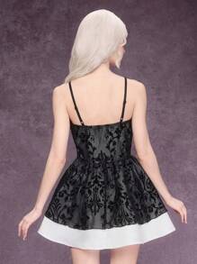 ROMWE Goth Cute & Sexy Flocked Trimmed Plunging Neckline Princess Short Dress With Puff Sleeves, Black & White - Black - View 4