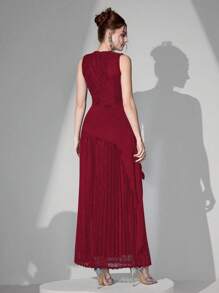 Poshira 女士优雅混合材质蕾丝拼接腰部正式晚礼服、派对礼服，适合婚礼宾客 - 酒紅色 - 查看 3