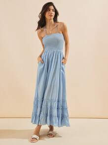 WESTFADE Light Blue Spring Crepe Smocked Bodice Tiered Ruffle Open Back Tassel Tie Maxi Halter Neck Dress - Baby Blue - View 2