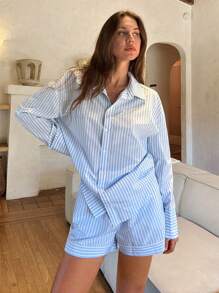 Cloudara Cottonline Womenr Long Sleeve Blouse And Striped Flare Pants Set, Casual Two Piece Outfits For Spring Summer - Multicolor - View 6