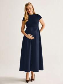 MaterniWear Maternity Solid Color Stand Collar Elegant Short Sleeve Dress, Summer Navy Blue - Navy Blue - View 4