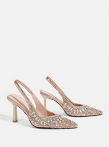 CUCCOO TILAWA Pointed Toe High Heel Rhinestone Wedding Shoes, Closed Toe Champagne Formal Party Pumps For Christmas - Champagne - View 6