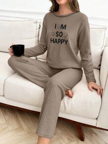 RueChic 2Pcs  Slogan Printed Lounge Set - Beige - View 6