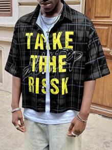 AXEPEAK 男士宽松数码印花格子短袖休闲衬衫，适合街头潮流，秋季 - 黑色 - 查看 4