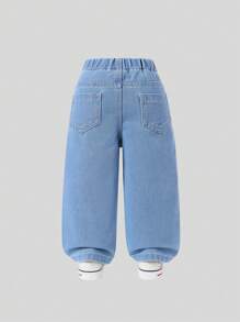 Pantalones anchos de niña con lavado claro, cintura elástica, parche bordado con corazón, el mejor estilo diario casual urbano - Lavado ligero - Ver 2