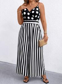 SHEIN Clasi Mono elegante y versátil para mujer con diseño de rayas y lunares, de cuello en V sin mangas, con pernera ancha, ajustable, ideal para ir a trabajar o eventos casuales, color negro y blanco, talla grande, para primavera/verano/otoño