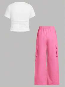 SHEIN EZwear 大码夏季休闲纯色褶皱侧短袖上衣和工装裤 2 件套 - 玫紅色 - 查看 2