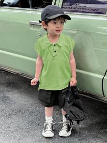 SHEIN 2pcs Young Boy Casual Wide Strap Turn-Down Collar Polo Shirt And Work Shorts, Comfortable And Versatile For Spring And Summer, Suitable For Daily Wear, School And Outdoor Play Ootd Kids Boyboy Clothes Summer