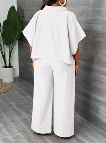 Slaydiva 2 件套大码女式纯色衬衫和裤子，优雅、日常和通勤 - 白色 - 查看 2