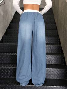 SHEIN 青少年女孩 Y2K 秋季蓝白休闲条纹宽松阔腿牛仔裤，撞色腰带，二合一设计 - 淺色水洗藍 - 查看 2