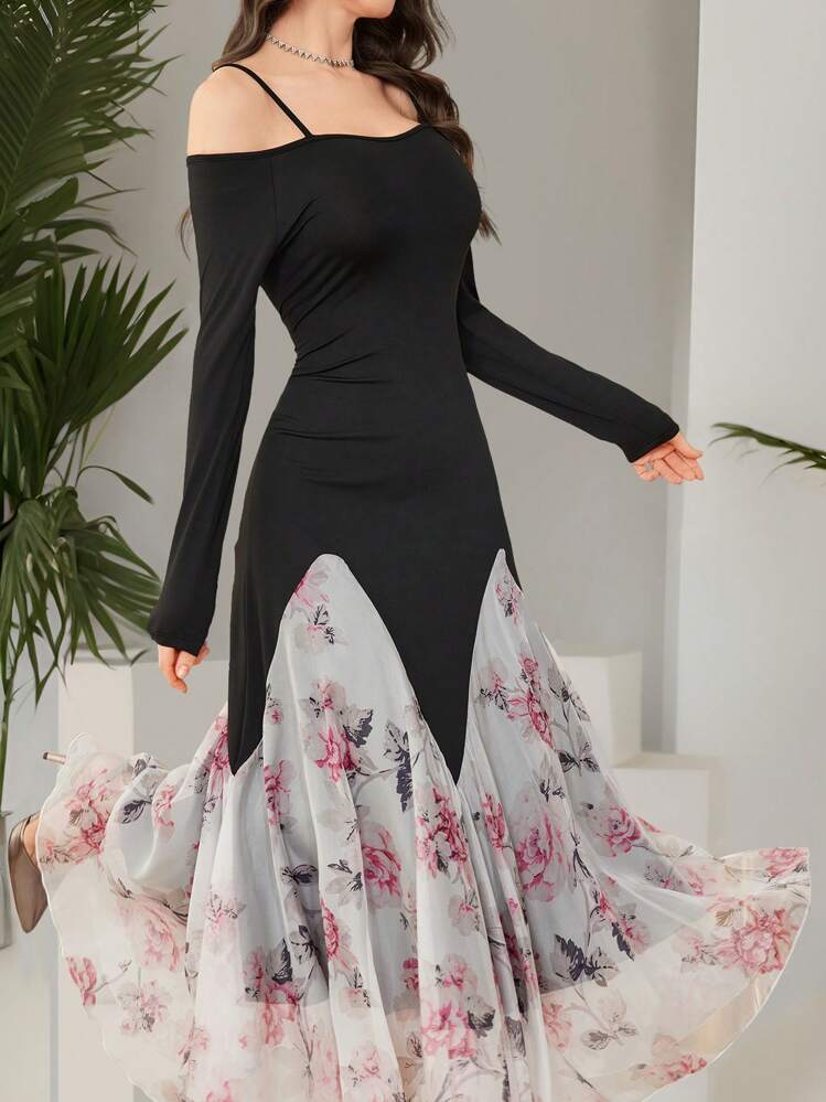 Modelyn Digital Print Long Sleeve Dress With Contrast Hemline - Multicolor - View 4
