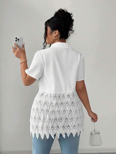 Elenzga Plus Size Lace Patchwork Front Button Pocket Summer Short Sleeve Shirt
