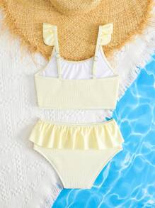 SHEIN Young Girl' Cream Ruffle Trim Bikini Set, Mommy And Me Matching Outfits (3 Sets Sold Separately) - Beige - View 2