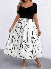 SHEIN Clasi Women's V-Neck Ruffle Sleeve Patchwork Hem Geometric Chiffon Print Dress - Black - View 4