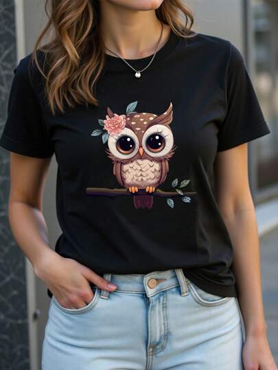 INAWLY Women's Cartoon Owl Print Round Neck Short Sleeve T-Shirt Graphic Tees Women Tops