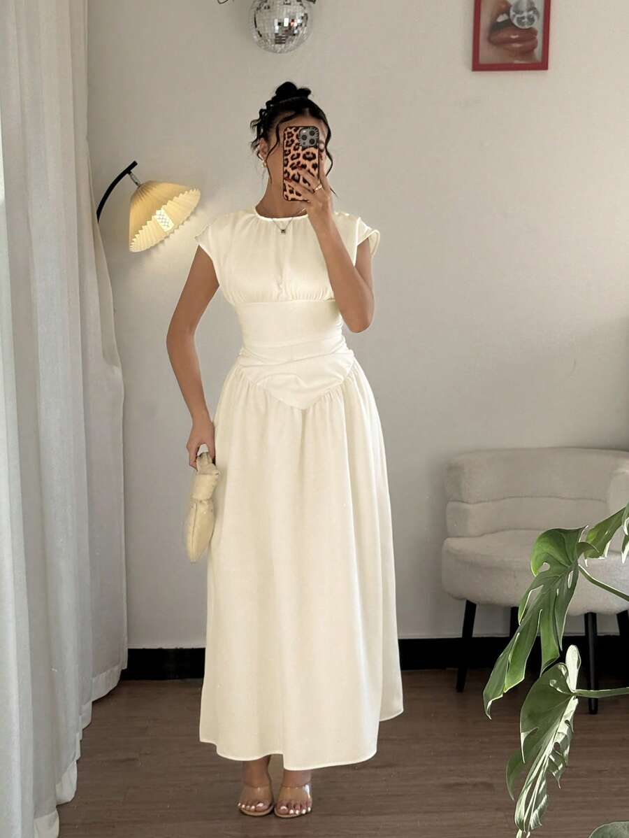 Rafferiza Women's Solid Color Round Neck Pleated Long Casual Summer Dress - Apricot - View 1