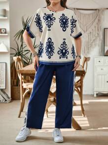 SHEIN LUNE Plus Size Allover Print Round Neck Short Sleeve Top And Pants 2 Pieces Set Summer Outfits For Women Two Pieces Set Women Summer Outfits For Women